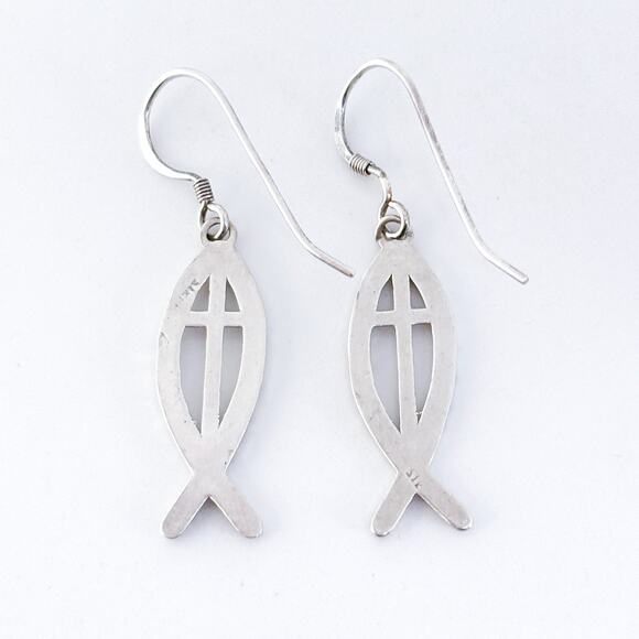 Vintage Sterling Silver 925 4cm Ichthys Fish Cross Dangle Earrings - Picture 5 of 9